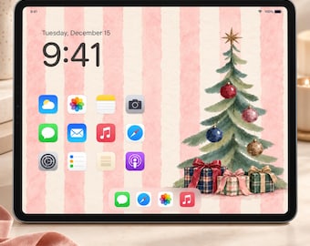 Preppy Wallpaper for iPad, Watercolor Christmas Tree Background, Pink Striped Holiday Digital Download