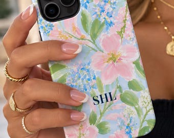 Personalized Watercolor Floral Phone Case, Custom Initials, Polycarbonate iPhone Cover