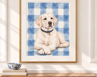White English Lab Wall Art, Blue Gingham Dog Printable, Preppy Labrador Watercolor Digital Download