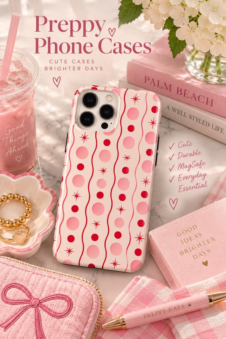 May include: A phone case with a light pink background featuring a pattern of vertical wavy lines, red and pink circles, and small starburst icons. The text on the image reads Preppy Phone Cases, Cute Cases Brighter Days, Good Things Ahead, Good Ideas Brighter Days, and Preppy Days.