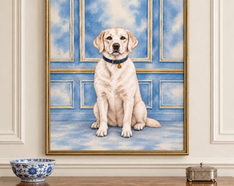 White English Lab Wall Art, French Blue Dog Printable, Preppy Labrador Watercolor Digital Download