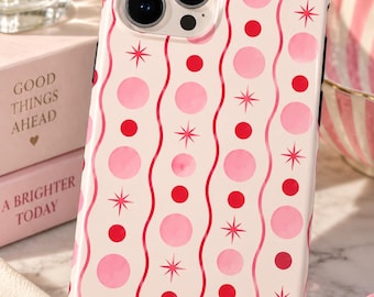 Pink Red Polka Dot Phone Case, Y2K Retro Wavy Lines, Starburst Accents