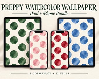 Preppy Wallpaper for iPad or iPhone, Watercolor Polka Dot Tablet Background Bundle