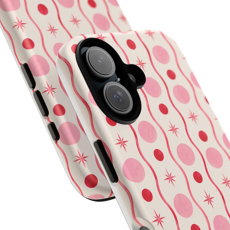 Pink Red Polka Dot Phone Case, Y2K Retro Wavy Lines, Starburst Accents image 8