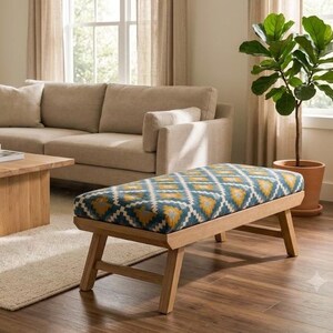 Upholstered Wood Bench, Teal Mustard Geometric Bench, Entryway Bench, Bedroom Bench, Boho Accent Seat, Handmade Woven Cushion