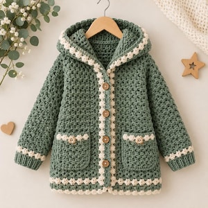 May include: A sage green crochet hooded cardigan featuring a cream-coloured floral trim along the hood, front opening, cuffs, and pockets. The garment includes four brown wooden buttons down the centre and two front pockets with floral accents.