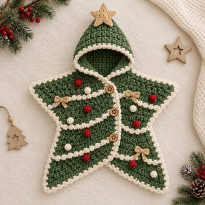 May include: A star-shaped hooded garment crocheted in dark green yarn with a cream-colored trim. The piece features three brown wooden buttons, small red pom-poms, white spheres, and beige bows. A beige crocheted star sits atop the hood.
