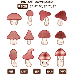 Può includere: Dodici disegni per ricamo a macchina di funghi con cappelli a quadretti rossi e bianchi e gambi con motivi floreali. Il testo include INSTANT DOWNLOAD, 6 SIZE 3", 4", 5", 6", 7", 8", PES, DST, JEF, EXP e VP3. Alcuni funghi hanno piccoli volti sorridenti.