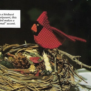 May include: A red plastic canvas cardinal bird figure perched on a twig above a woven straw bird nest filled with potpourri, pinecones, and dried plant elements. The text reads Sweet Redbird, HOME DECOR, and Perched on a birdnest filled with potpourri, this sweet redbird makes a scent-sational accent.