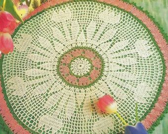 Dutch Girl Lace Doily Table Topper 43"  European Spring Tulip Flower Pink & Red 