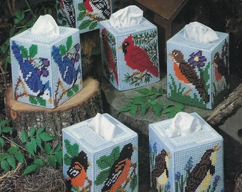 Plastic Canvas Tissue Box Cover Pattern Songbird Boutiques - Leisure Arts #1352, Home Decor, Bird Tissue Box Covers,Cardinal, Blue Jay