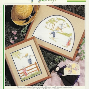 May include: A cross-stitch pattern featuring a scene of children playing on a swing set in a forest. The pattern is titled "Swing Shift" and is by Steve Polomchak. The pattern is from the "Color Charts" magazine, volume 11101.
