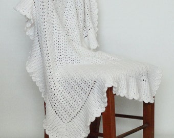 White Christening Baby Blanket/Handmade Heirloom Crochet Afghan