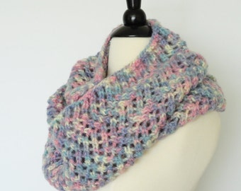 Knit Infinity Scarf Handmade in Pink & Blue Multi Color/Womens Accessories/Gift for Her