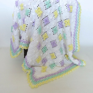 Crochet Flower Baby Blanket in White-Purple-Yellow-Green/Crib Bedding/Baby Gift
