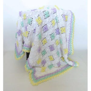 Crochet Flower Baby Blanket in White Purple Yellow Green Crib Bedding Baby Gift