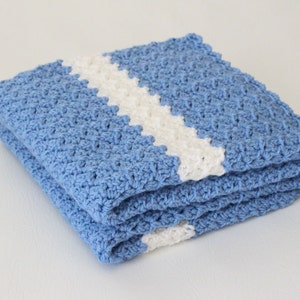 Crochet Baby Blanket Afghan in Blue with White Stripe