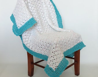 Crochet Baby Blanket Afghan in Turquoise & White Multi/Baby Shower Gift