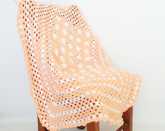 Crochet Granny Square Baby Blanket in Peach & White