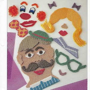 May include: A plastic canvas craft kit for making a make-a-face game. The kit includes pieces for a clown face, a woman's face, and a man's face. The pieces are made of plastic canvas and are brightly colored. The kit also includes instructions for assembling the game.