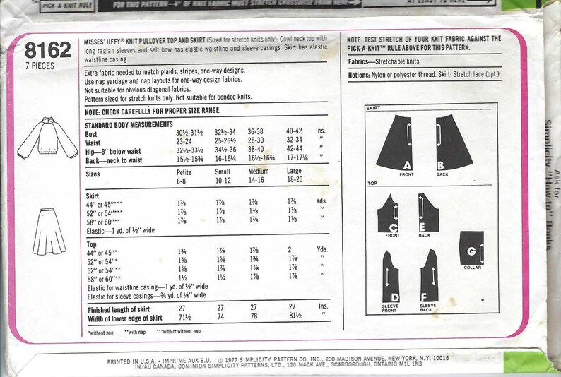 Simplicity 8162 Jiffy Sewing Pattern Knit Pullover Top & Etsy