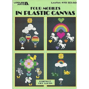 Four Mobiles Plastic Canvas Pattern Book Leisure Arts Cat Balloon Airplane
