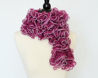 Frilly Knit Fashion Ruffle Scarf in Raspberry with Silver Trim