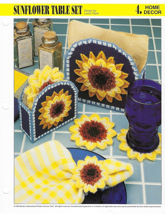 Vintage Plastic Canvas Pattern Book PDF Sunflower Plastic Canvas Pattern  Spring Flower Magnet Coaster Tissue Box Cover Plastic Canvas Mug 