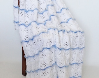 Handmade Knitted Blanket in White & Blue/Wedding Gift/Sofa Throw