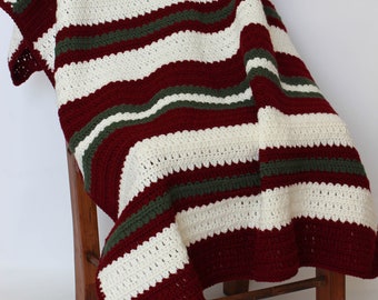 Crochet Christmas Afghan Blanket Throw - Red Wine/Deep Green/Winter White - Ready to Ship