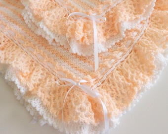 Crochet Baby Girl Blanket in Peach & White/Baby Shower Gift