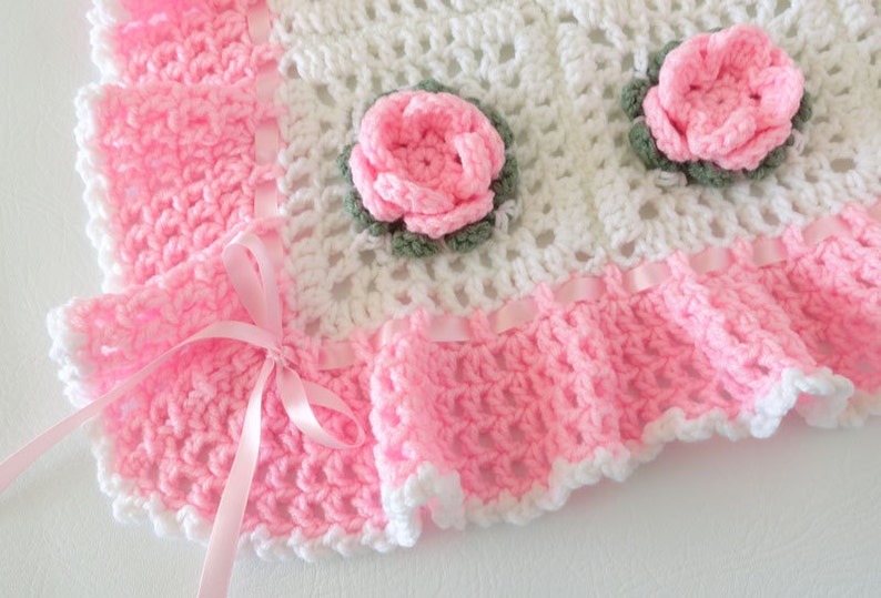 Crochet Baby Blanket Rose Flower Afghan Pink White Crib Etsy