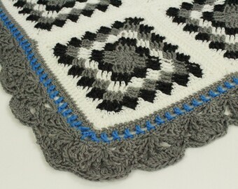 Crochet Granny Square Style Blanket Afghan in Charcoal-Gray Heather-White with Cobalt Blue Trim
