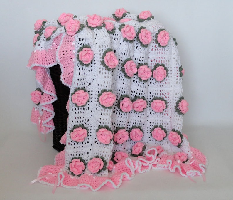 Crochet Baby Blanket Rose Flower Afghan Pink White Crib Etsy