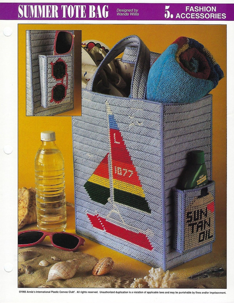 May include: A light blue tote bag with a sailboat design, a side pocket, and the text "SUN TAN OIL." The bag is filled with a blue towel and other items. The words "SUMMER TOTE BAG" are at the top.