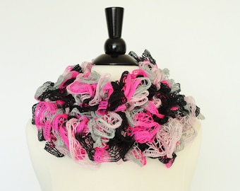 Knit Ruffle Fashion Scarf in Neon Pink-Gray-Black