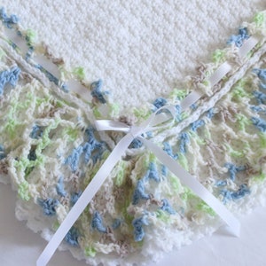 Crochet Baby Afghan Blanket Lacy Ruffle White/Blue/Lime/Taupe