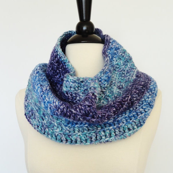 Crochet Bulky Infinity Scarf in Purple-Blue-Aqua/Women's Cowl