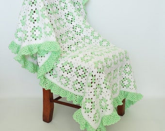 Crochet Baby Blanket with Granny Squares in Lime Green & White