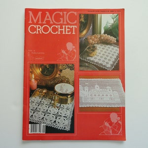 May include: A red magazine cover with the title "MAGIC CROCHET" in white letters. The cover features three images of crocheted doilies, one with a castle design, one with a floral design, and one with a simple geometric design. The text "THIS IS A PUBLICATION BY TRICOT" is also visible on the cover.
