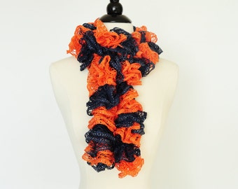 Knit Orange & Navy Scarf Ruffled Fashion Team Color/Gift for Her