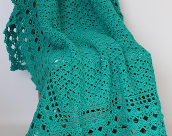 Crochet Afghan Blanket/Sofa Throw - Greenish Blue Color - Ready to Ship