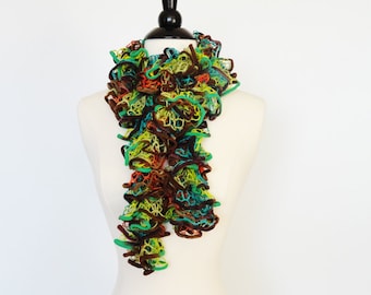 Knit Ruffle Fashion Scarf in Turquoise-Orange-Green-Brown
