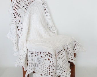 Crochet White Christening Baby Blanket/Baby Shower Gift