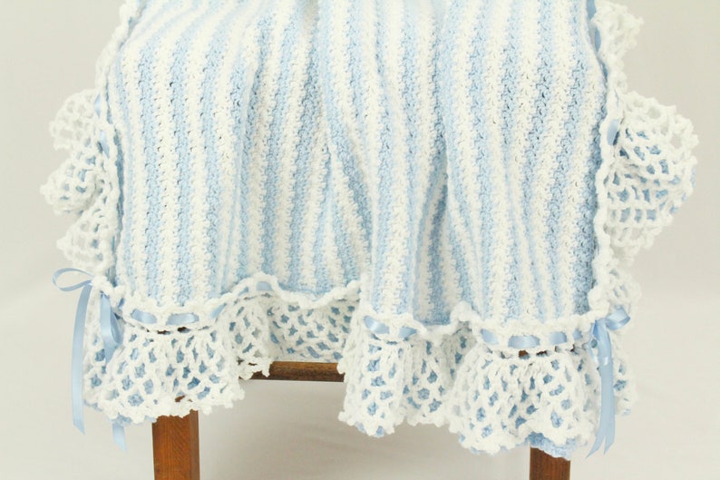 Baby Shower Gift Blue Baby Blanket With White Stripes /& Ruffle Crib Bedding Newborn Afghan