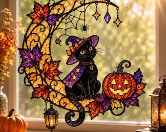 Halloween Cat Suncatcher, Black Cat Witch Window Hanging, Pumpkin Moon Stained Glass Decor, Spooky Fall Decor, Halloween Gift