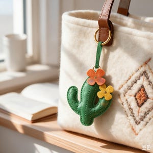 Puede incluir: Un colgante para bolso con forma de cactus verde que presenta una flor naranja y una flor amarilla, sujeto a una anilla de metal dorado en un bolso de fieltro color crema con asas de cuero marrón y un patrón de rombos cosido.