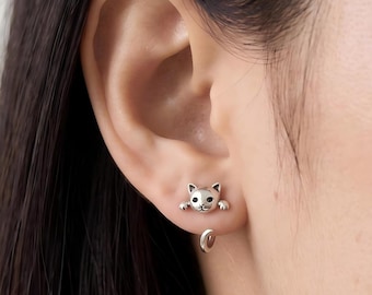 S925 Silver Cat C‑Hook Earrings・Multi‑Tone Cute Kitten Design・Dainty Animal Open Wire Ear Hooks・Birthday Gift for Her