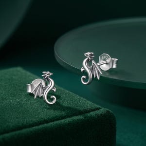 Può includere: Un paio di orecchini a lobo in argento a forma di piccoli draghi con ali dettagliate e code arricciate. Ogni orecchino presenta un perno con un timbro S925 chiaramente visibile sulla chiusura a farfalla, che indica la composizione in argento.