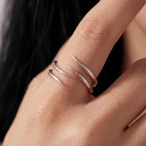 Può includere: Un anello aperto color argento caratterizzato da un design a doppia fascia che avvolge il dito. L'anello presenta due estremità appuntite e affusolate che si estendono verso l'esterno, creando una silhouette curva con una finitura metallica.